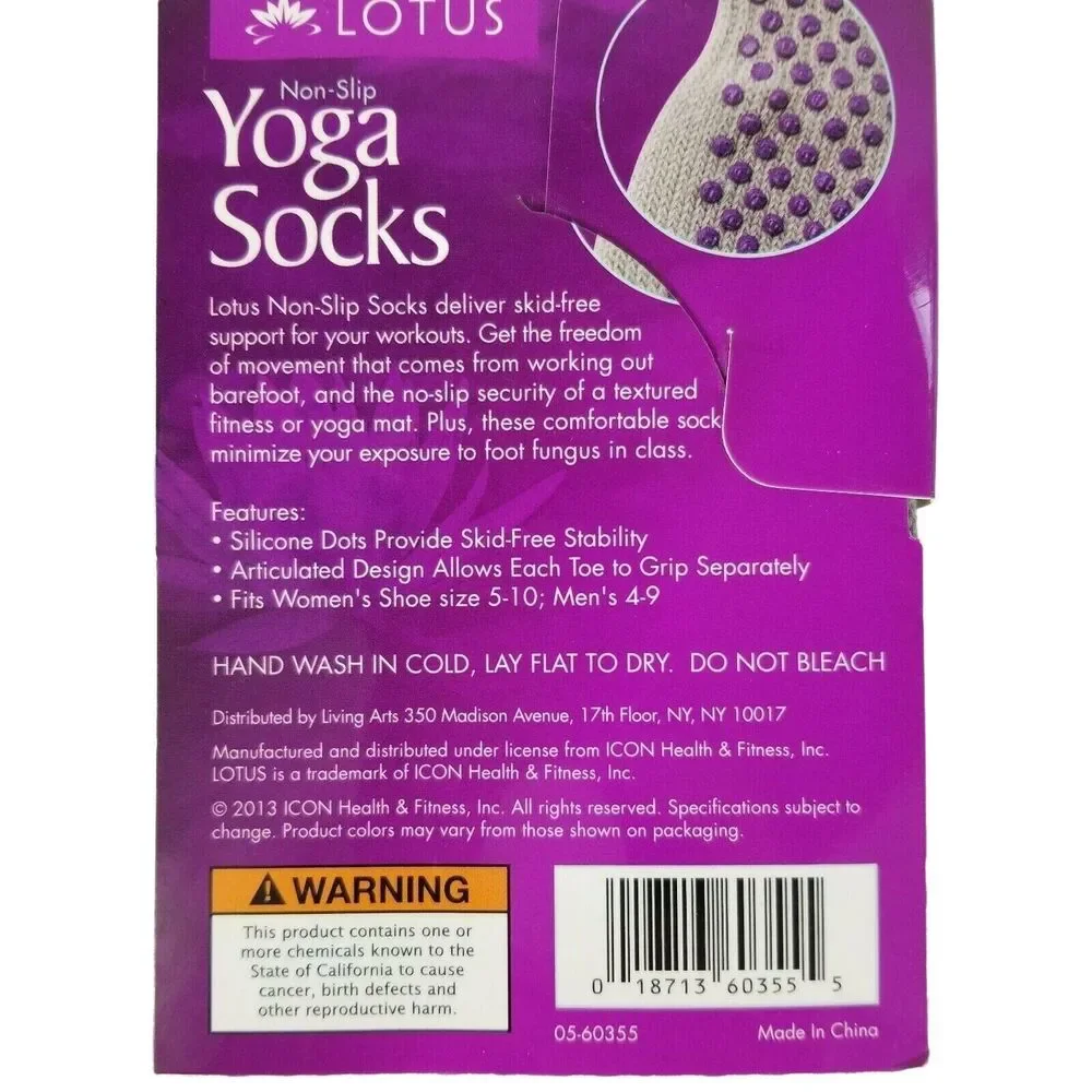 Lotus Yoga Socks Gray Non Slip Grip Purple Silicone Dots Women's Shoe Sizes 5-10